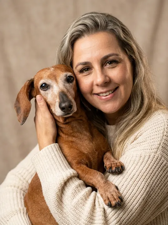 Depois: retrato de estúdio abraçando o dachshund, com fundo bege