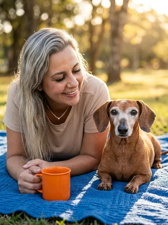 Depois: deitados numa manta no parque com o dachshund
