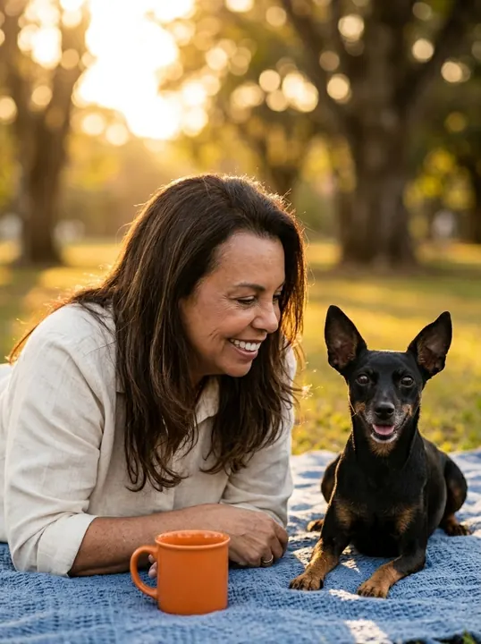 Depois: sentados numa manta no parque com o pinscher