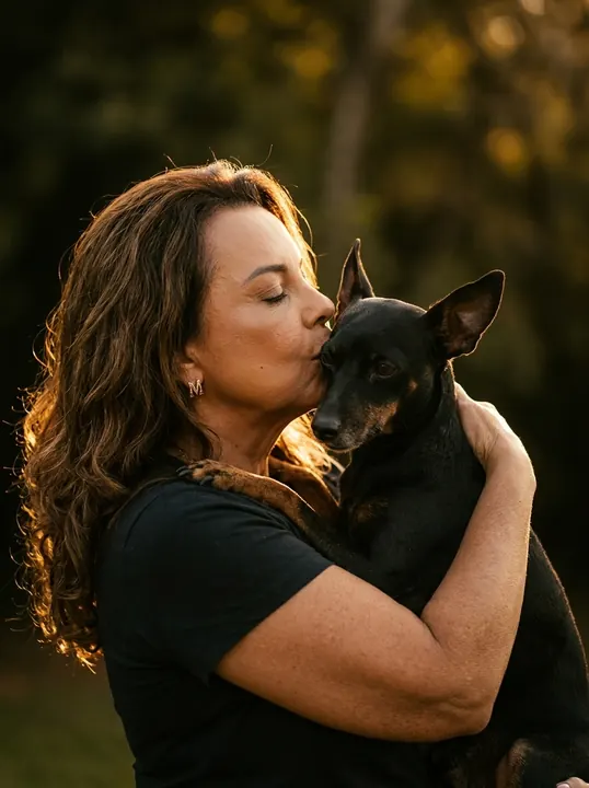 Depois: beijo na cabeça do pinscher, de blusa preta