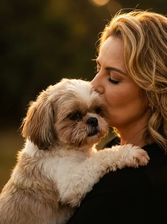 Depois: beijo na cabeça do shih-tzu na luz dourada do fim de tarde