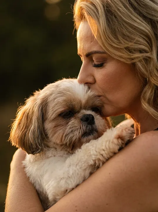 Depois: close de um beijo no shih-tzu na luz dourada