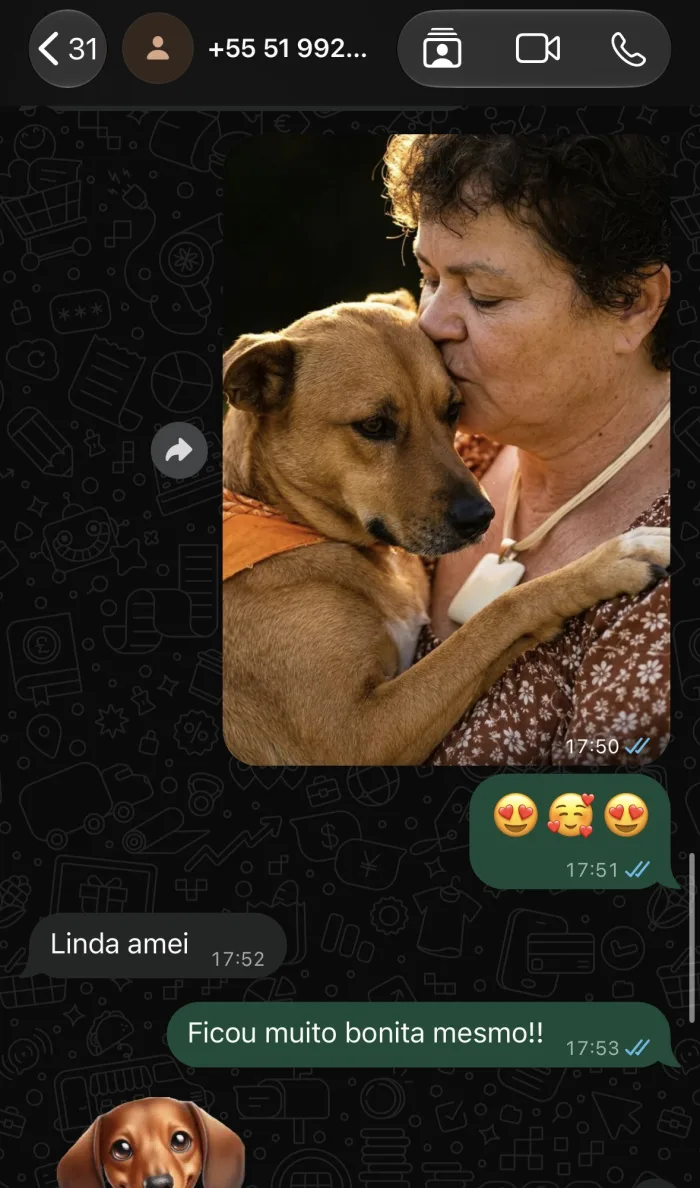 Print do WhatsApp com retrato de tutora abraçando o pet; a cliente responde: Linda amei.