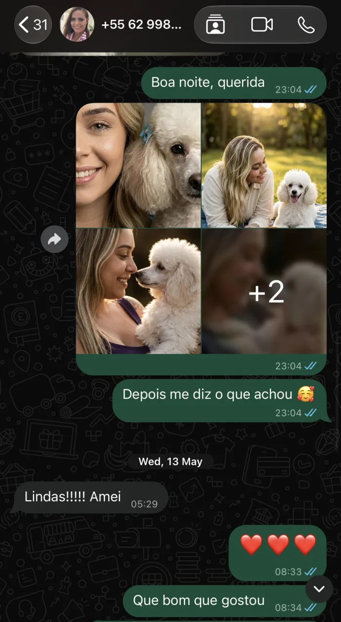 Print do WhatsApp com fotos de tutora e poodle; a cliente responde: Lindas, amei.