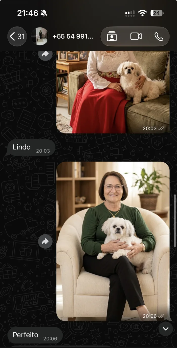 Print do WhatsApp com duas fotos de tutora e pet; a cliente responde: Lindo e perfeito.